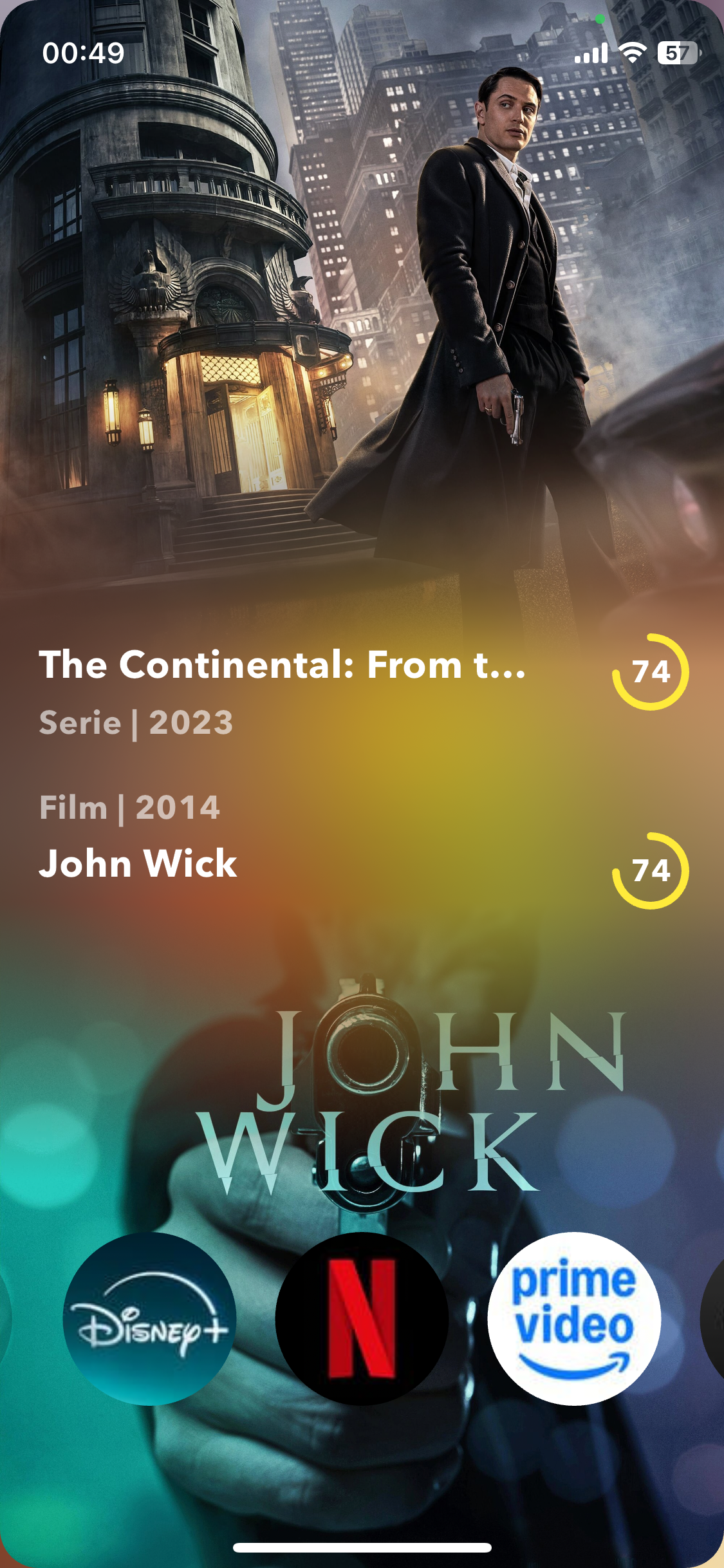WatchBox screen showing movie results and streaming services